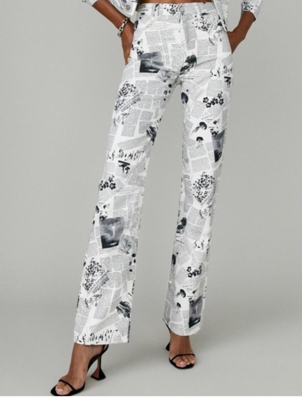 Reformation Black and White Newsprint Wide-Leg Trousers